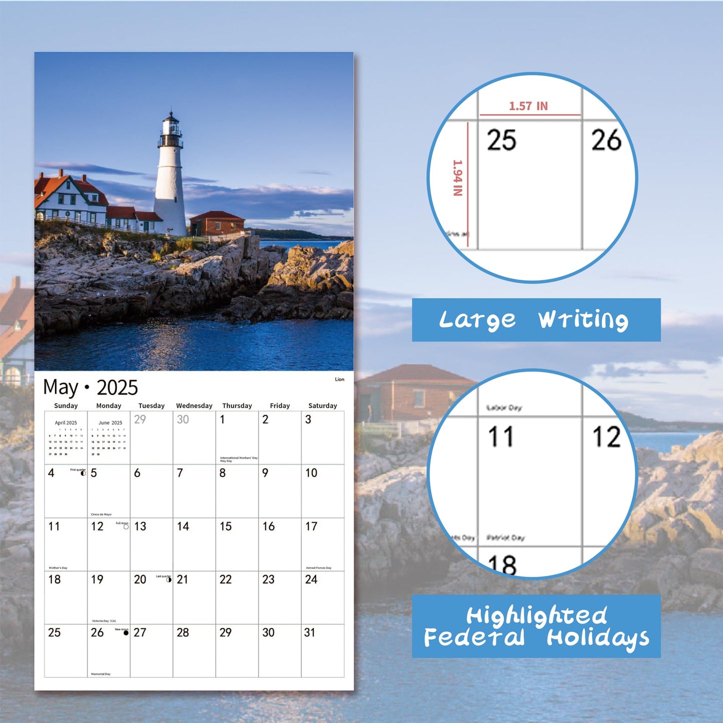 2025 Wall Calendar,Calendar 2025, November 2024 - December 2025, Wall Calendar BEACHES, 12" x 24" Opened,Full Page Months Thick & Sturdy Paper for Calendar Organizing & Planning