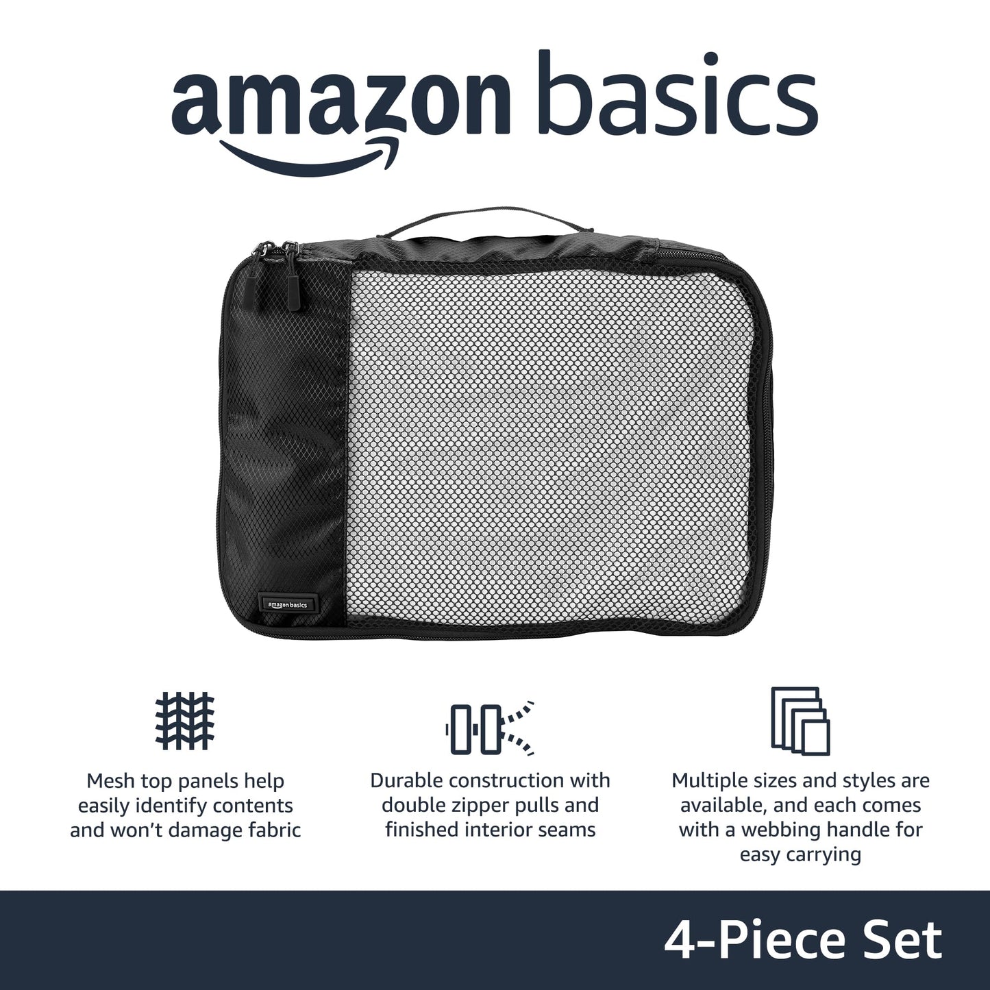 Amazon Basics Lightweight Packing Cubes for Travel, 4 Piece Set With Double Zipper Pulls and Mesh Top Panel, 100% Durable Polyester, Small, Medium, Large, and Slim, Gray