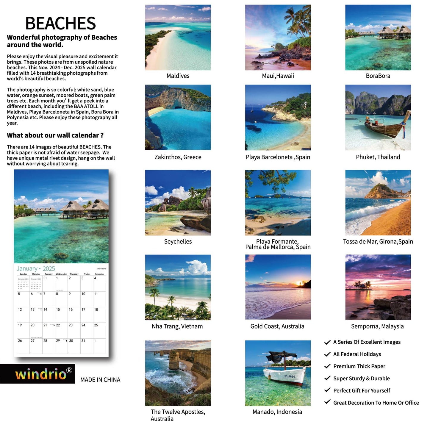 2025 Wall Calendar,Calendar 2025, November 2024 - December 2025, Wall Calendar BEACHES, 12" x 24" Opened,Full Page Months Thick & Sturdy Paper for Calendar Organizing & Planning