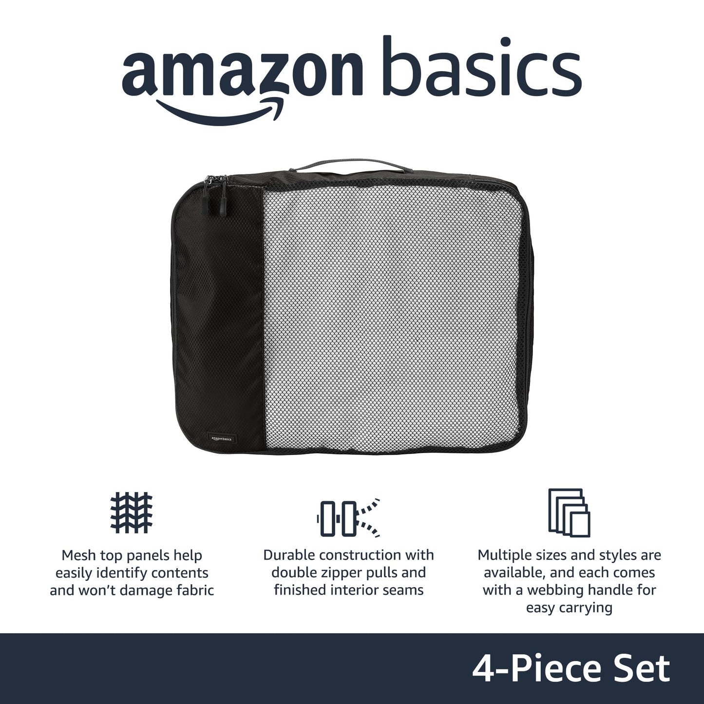 Amazon Basics Lightweight Packing Cubes for Travel, 4 Piece Set With Double Zipper Pulls and Mesh Top Panel, 100% Durable Polyester, Small, Medium, Large, and Slim, Gray