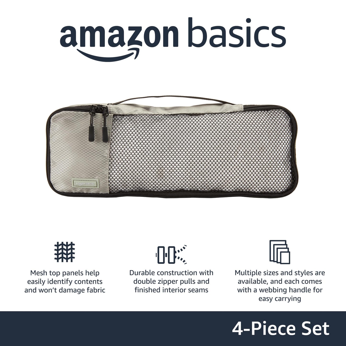 Amazon Basics Lightweight Packing Cubes for Travel, 4 Piece Set With Double Zipper Pulls and Mesh Top Panel, 100% Durable Polyester, Small, Medium, Large, and Slim, Gray