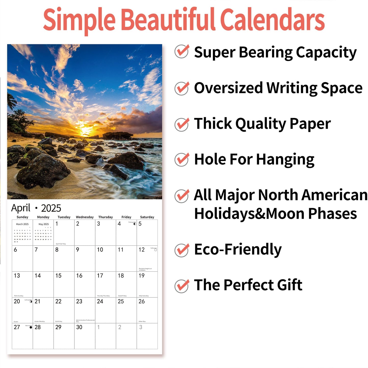 2025 Wall Calendar,Calendar 2025, November 2024 - December 2025, Wall Calendar BEACHES, 12" x 24" Opened,Full Page Months Thick & Sturdy Paper for Calendar Organizing & Planning