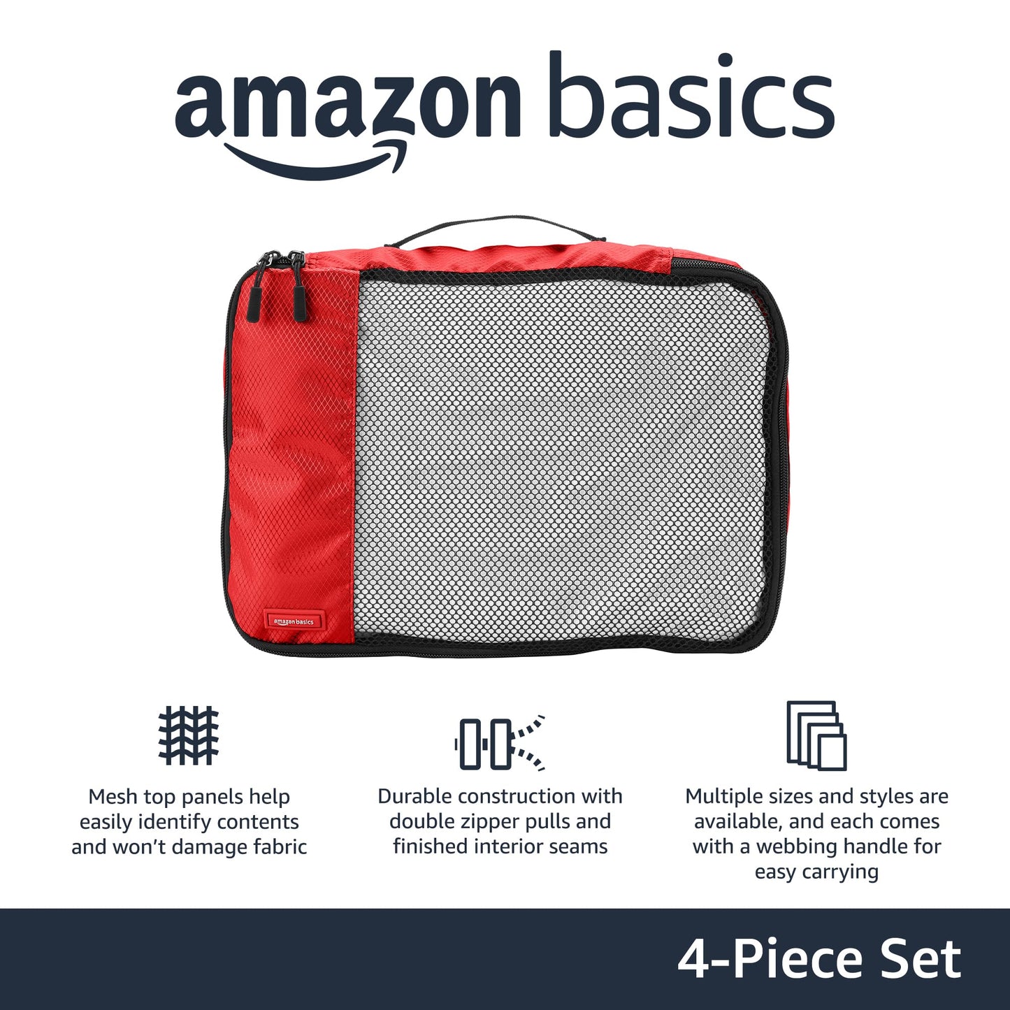 Amazon Basics Lightweight Packing Cubes for Travel, 4 Piece Set With Double Zipper Pulls and Mesh Top Panel, 100% Durable Polyester, Small, Medium, Large, and Slim, Gray