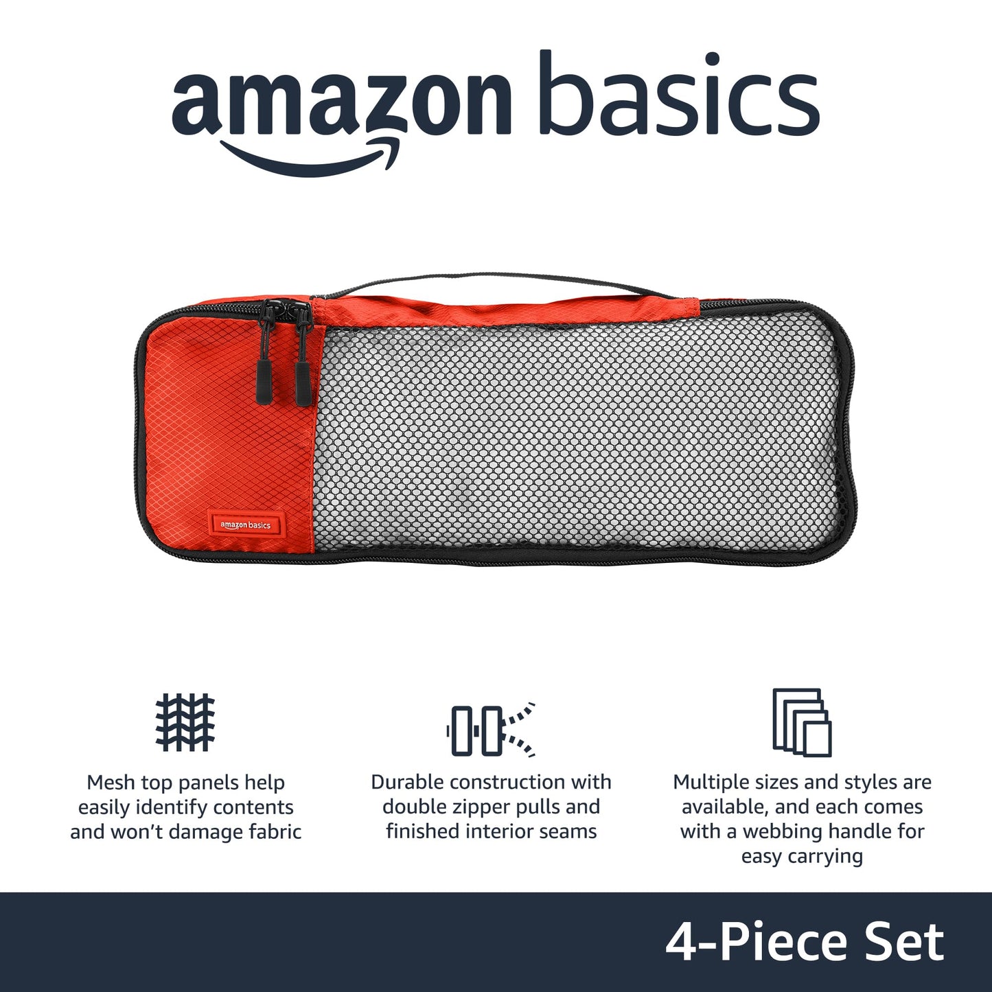 Amazon Basics Lightweight Packing Cubes for Travel, 4 Piece Set With Double Zipper Pulls and Mesh Top Panel, 100% Durable Polyester, Small, Medium, Large, and Slim, Gray