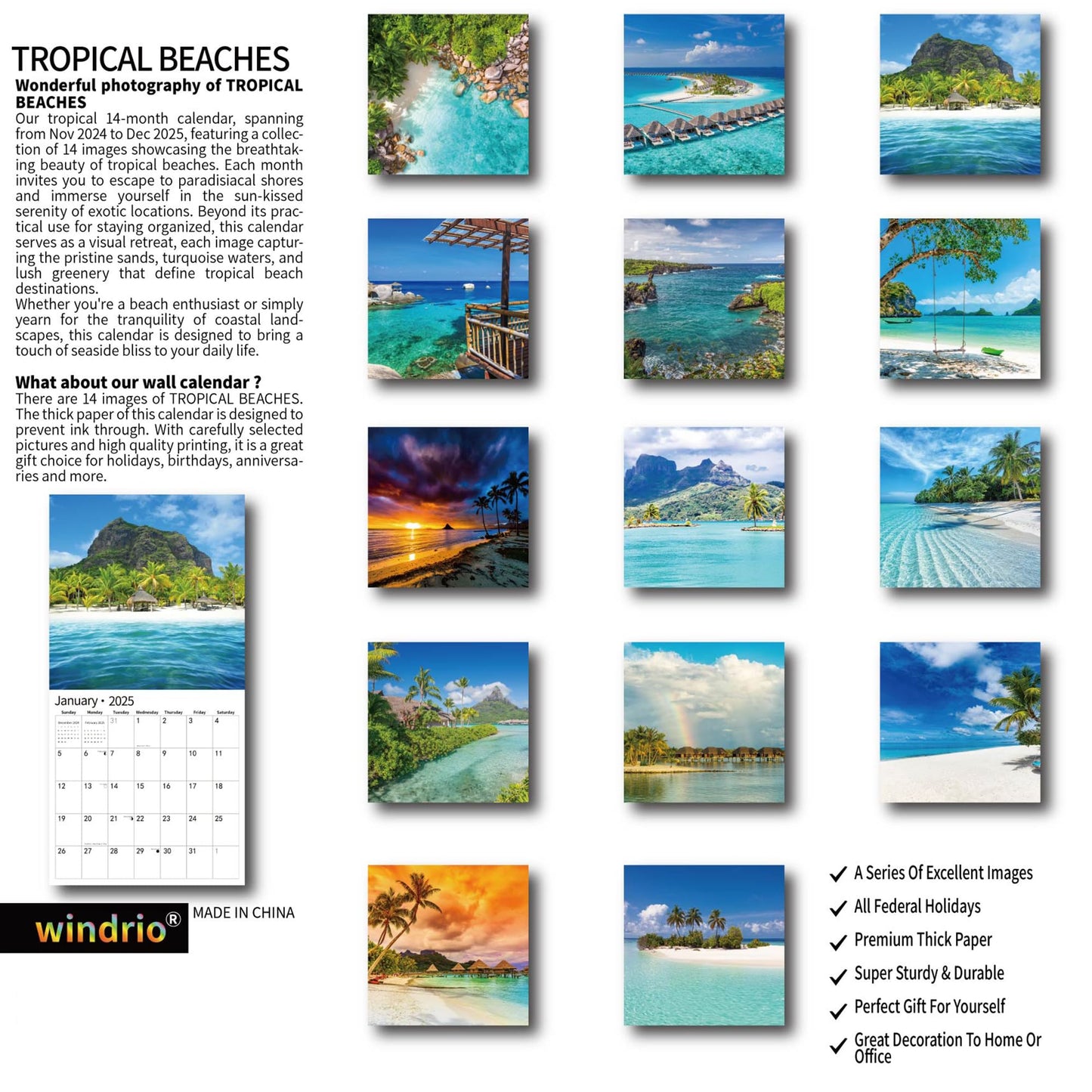 2025 Wall Calendar,Calendar 2025, November 2024 - December 2025, Wall Calendar BEACHES, 12" x 24" Opened,Full Page Months Thick & Sturdy Paper for Calendar Organizing & Planning