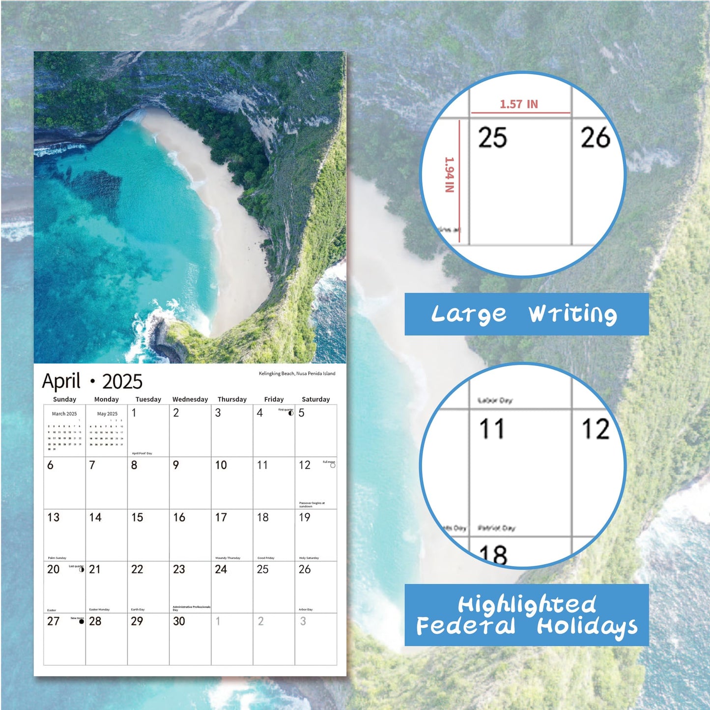 2025 Wall Calendar,Calendar 2025, November 2024 - December 2025, Wall Calendar BEACHES, 12" x 24" Opened,Full Page Months Thick & Sturdy Paper for Calendar Organizing & Planning