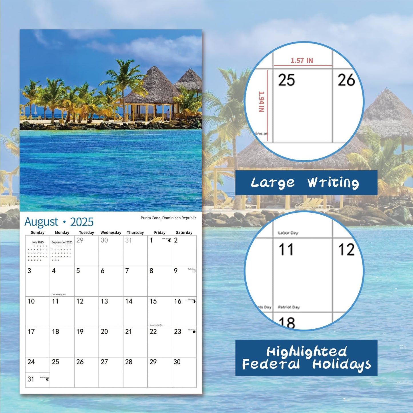 2025 Wall Calendar,Calendar 2025, November 2024 - December 2025, Wall Calendar BEACHES, 12" x 24" Opened,Full Page Months Thick & Sturdy Paper for Calendar Organizing & Planning