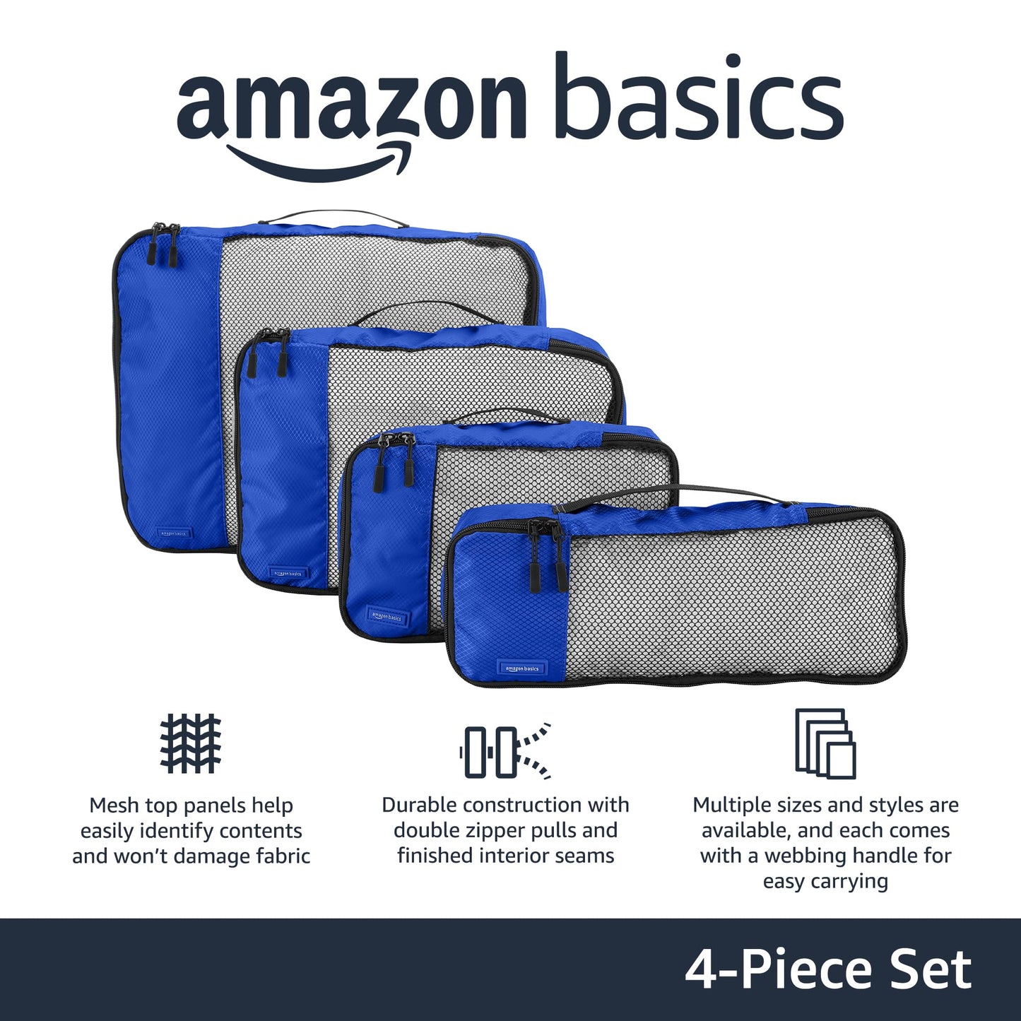 Amazon Basics Lightweight Packing Cubes for Travel, 4 Piece Set With Double Zipper Pulls and Mesh Top Panel, 100% Durable Polyester, Small, Medium, Large, and Slim, Gray