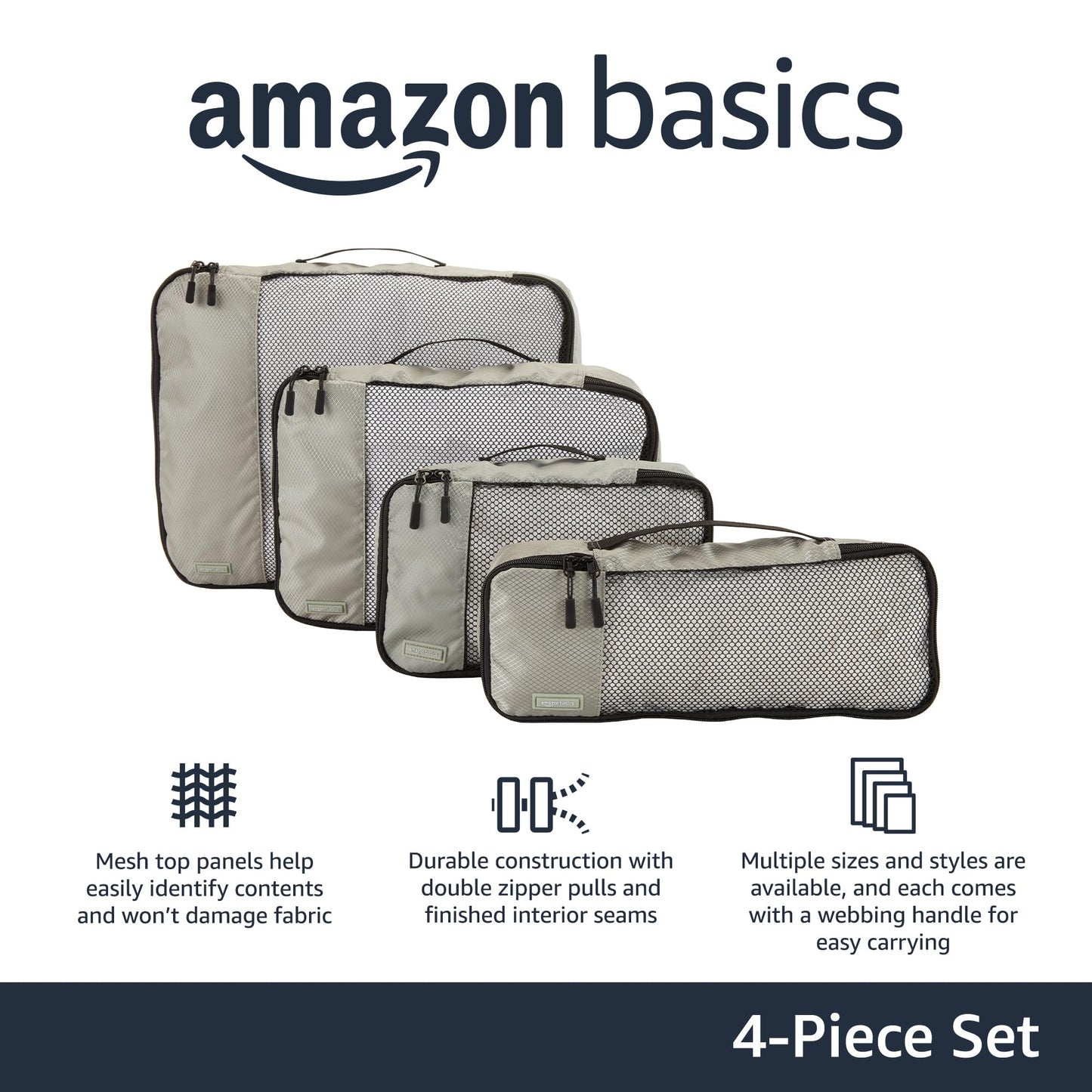 Amazon Basics Lightweight Packing Cubes for Travel, 4 Piece Set With Double Zipper Pulls and Mesh Top Panel, 100% Durable Polyester, Small, Medium, Large, and Slim, Gray