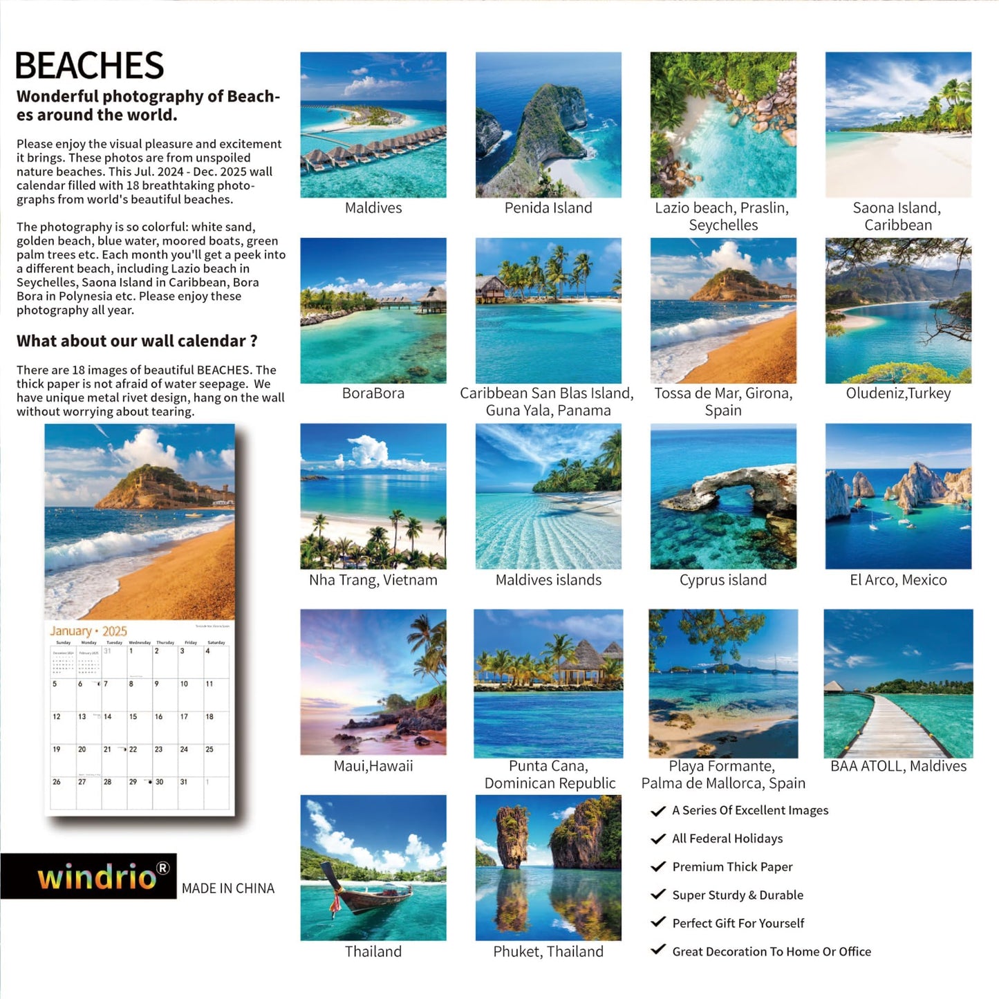 2025 Wall Calendar,Calendar 2025, November 2024 - December 2025, Wall Calendar BEACHES, 12" x 24" Opened,Full Page Months Thick & Sturdy Paper for Calendar Organizing & Planning