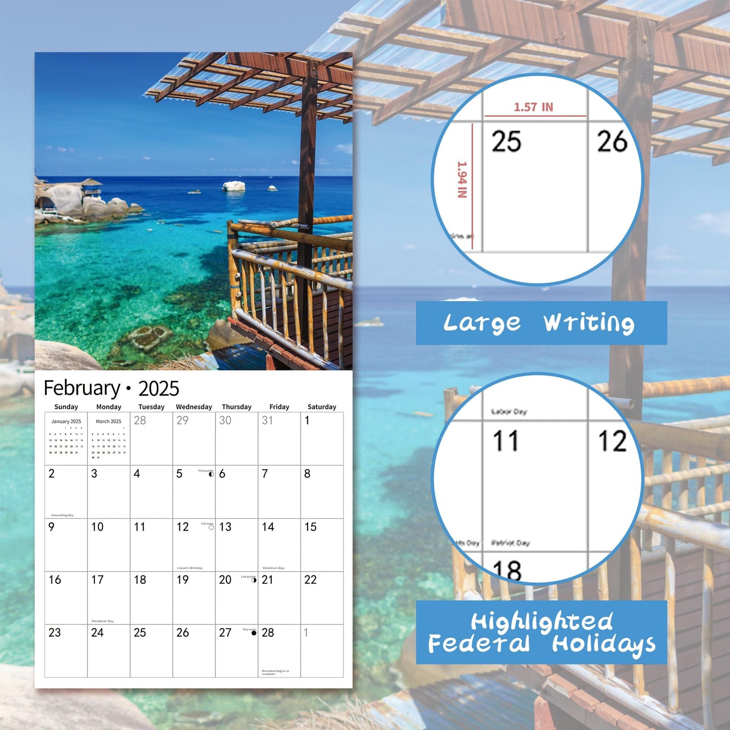 2025 Wall Calendar,Calendar 2025, November 2024 - December 2025, Wall Calendar BEACHES, 12" x 24" Opened,Full Page Months Thick & Sturdy Paper for Calendar Organizing & Planning