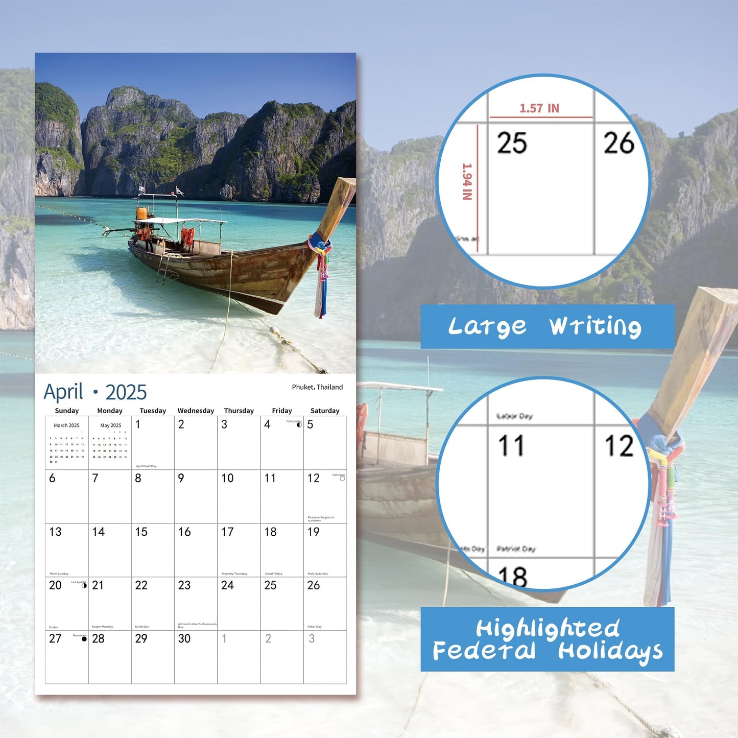 2025 Wall Calendar,Calendar 2025, November 2024 - December 2025, Wall Calendar BEACHES, 12" x 24" Opened,Full Page Months Thick & Sturdy Paper for Calendar Organizing & Planning