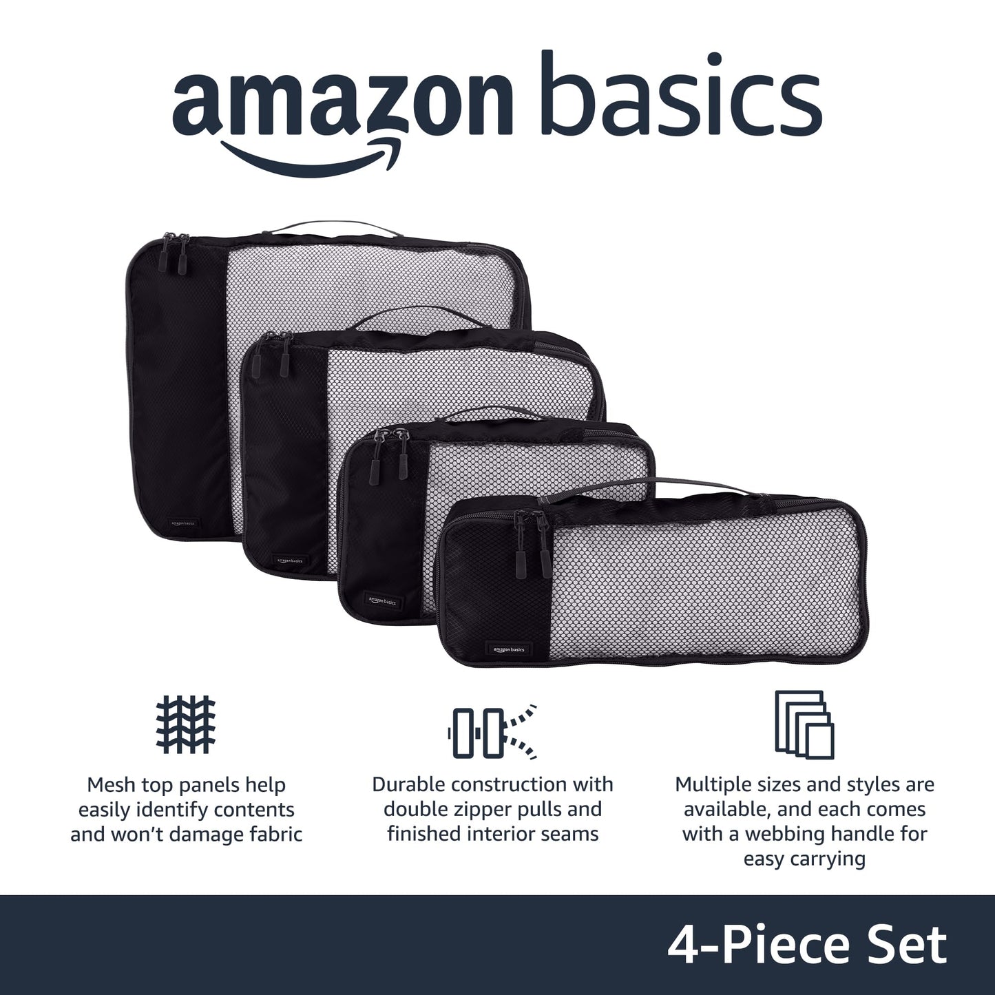 Amazon Basics Lightweight Packing Cubes for Travel, 4 Piece Set With Double Zipper Pulls and Mesh Top Panel, 100% Durable Polyester, Small, Medium, Large, and Slim, Gray