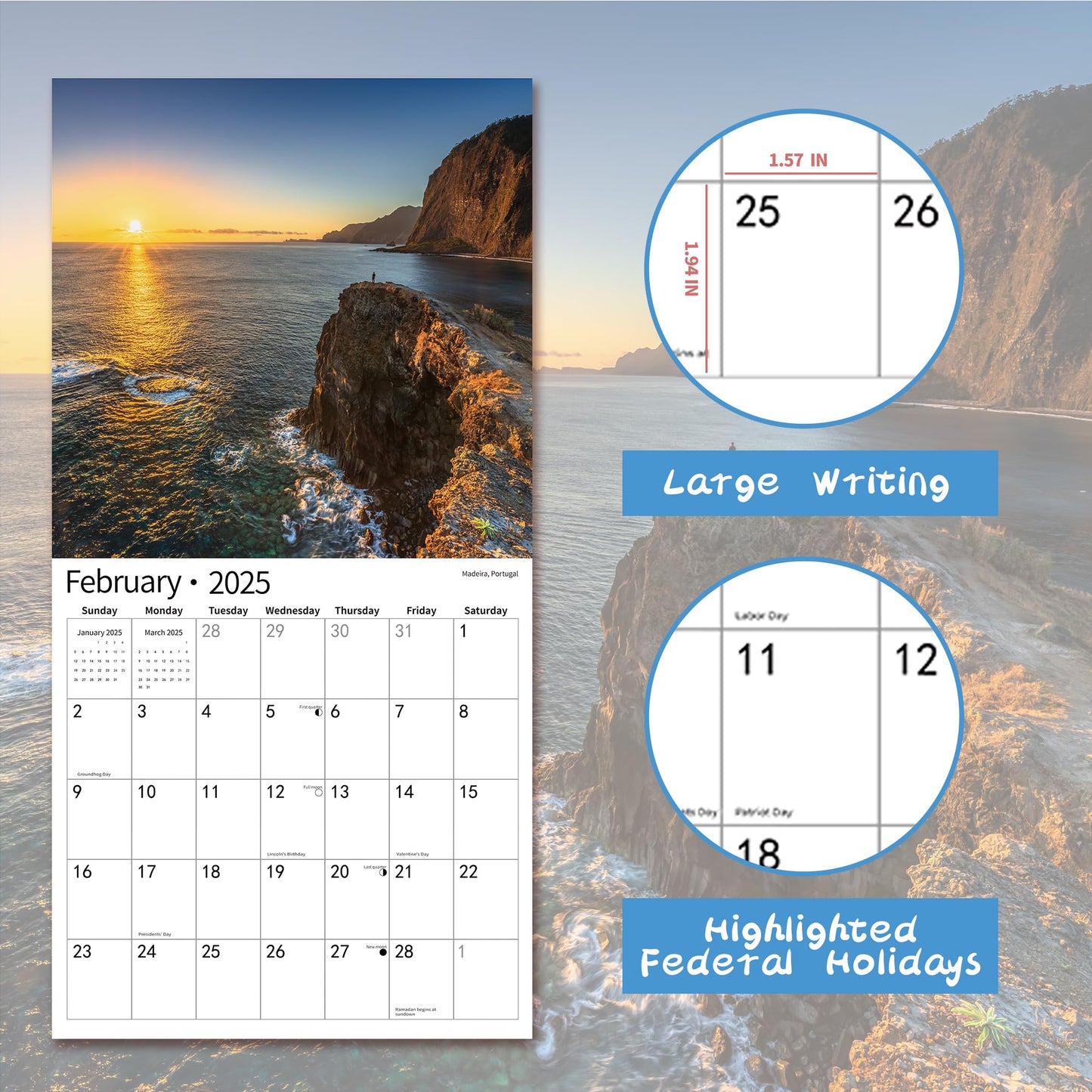 2025 Wall Calendar,Calendar 2025, November 2024 - December 2025, Wall Calendar BEACHES, 12" x 24" Opened,Full Page Months Thick & Sturdy Paper for Calendar Organizing & Planning