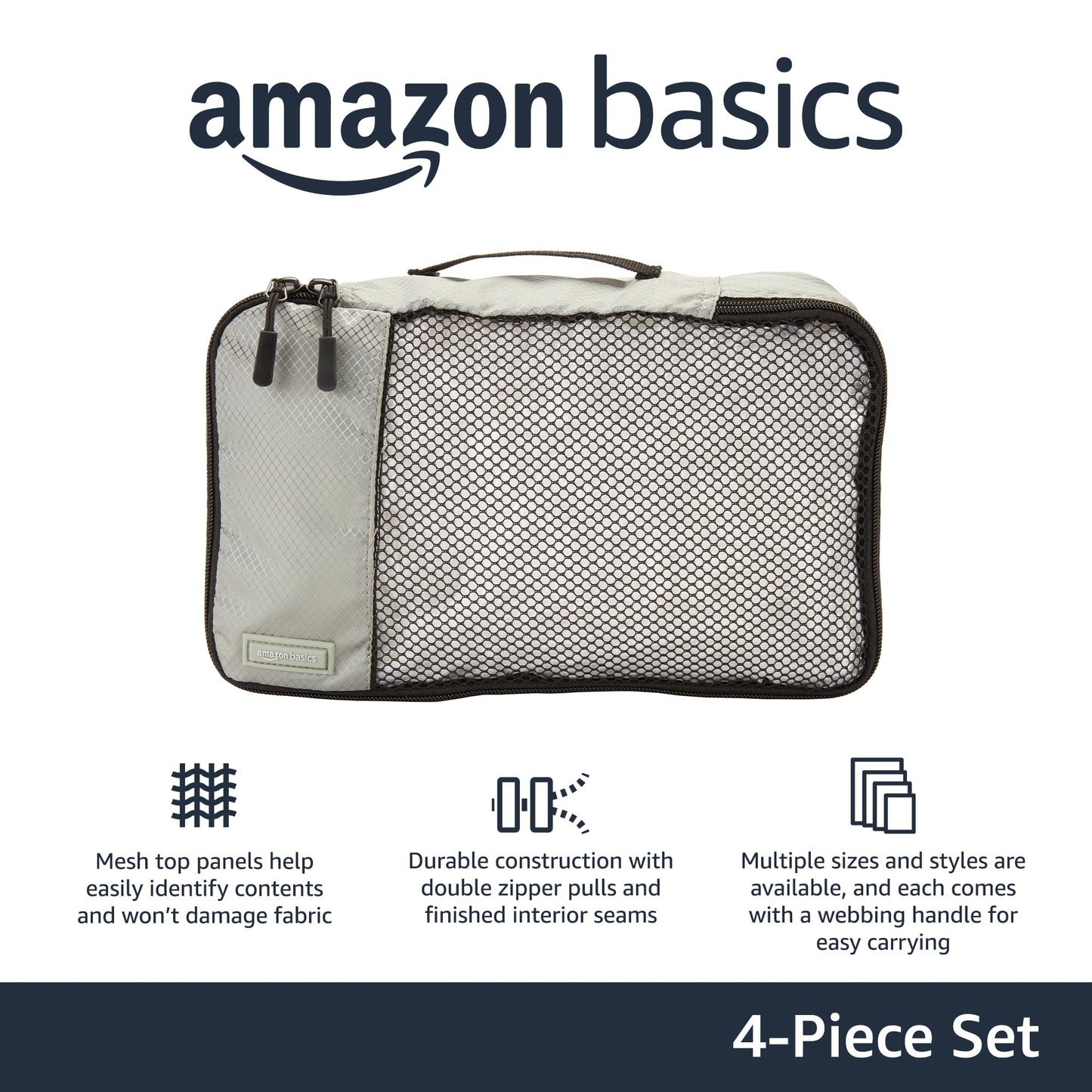 Amazon Basics Lightweight Packing Cubes for Travel, 4 Piece Set With Double Zipper Pulls and Mesh Top Panel, 100% Durable Polyester, Small, Medium, Large, and Slim, Gray