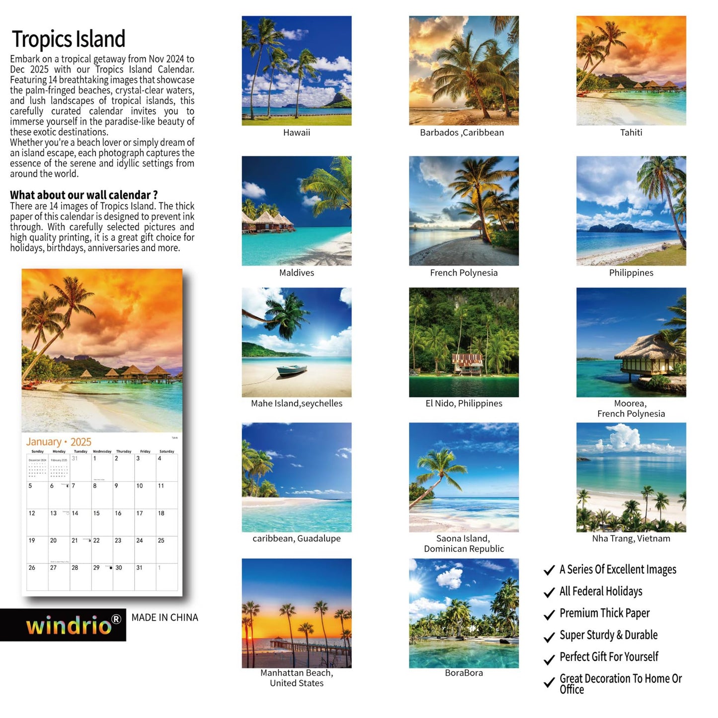 2025 Wall Calendar,Calendar 2025, November 2024 - December 2025, Wall Calendar BEACHES, 12" x 24" Opened,Full Page Months Thick & Sturdy Paper for Calendar Organizing & Planning