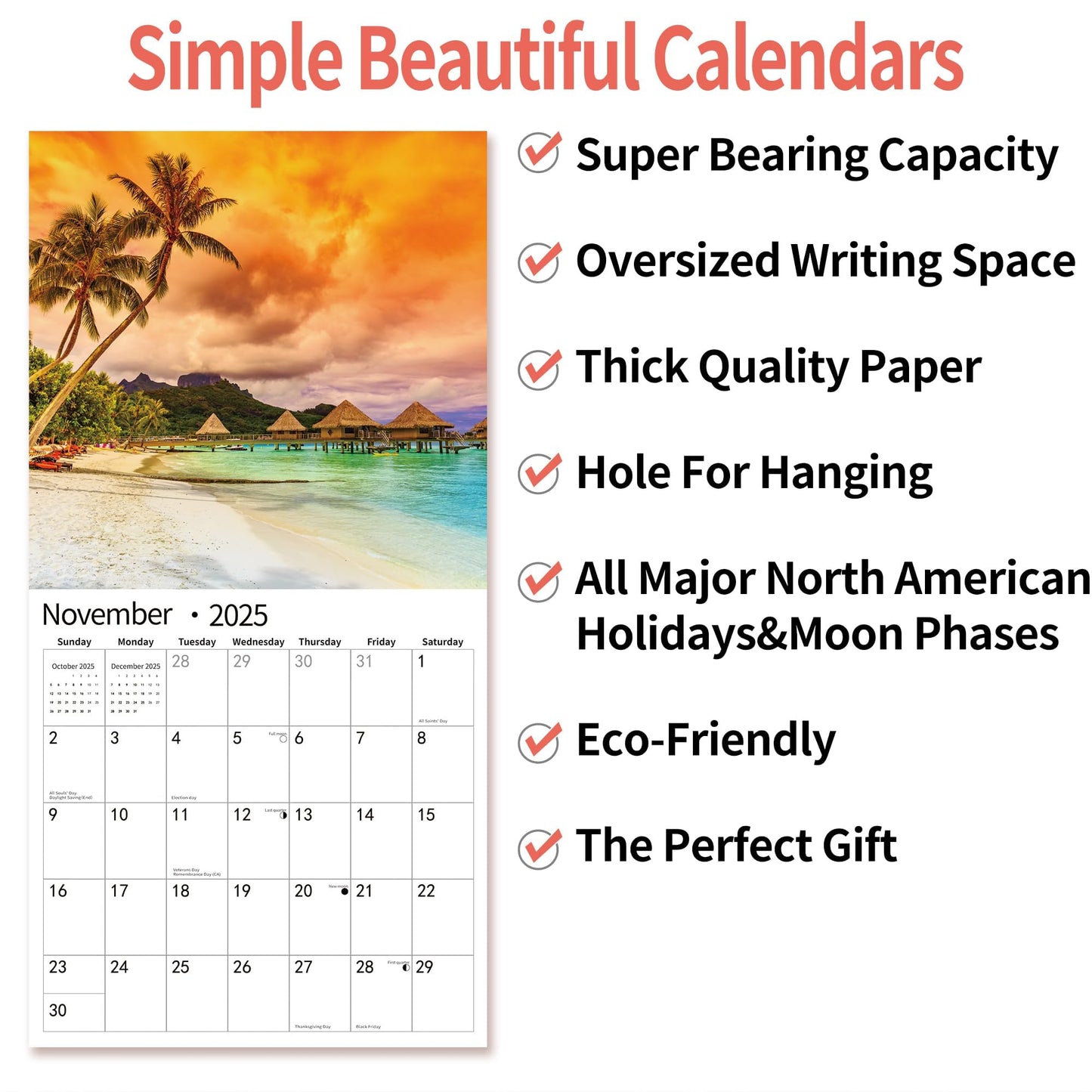 2025 Wall Calendar,Calendar 2025, November 2024 - December 2025, Wall Calendar BEACHES, 12" x 24" Opened,Full Page Months Thick & Sturdy Paper for Calendar Organizing & Planning