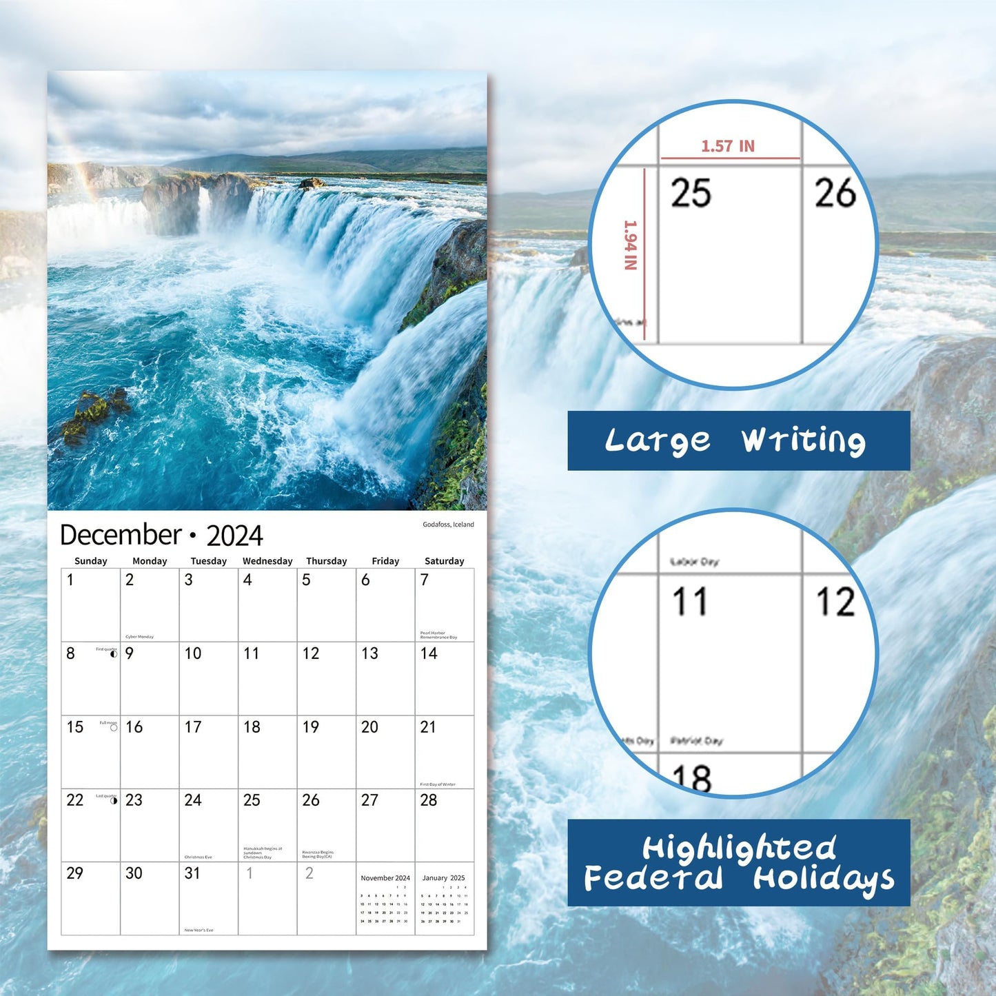 2025 Wall Calendar,Calendar 2025, November 2024 - December 2025, Wall Calendar BEACHES, 12" x 24" Opened,Full Page Months Thick & Sturdy Paper for Calendar Organizing & Planning