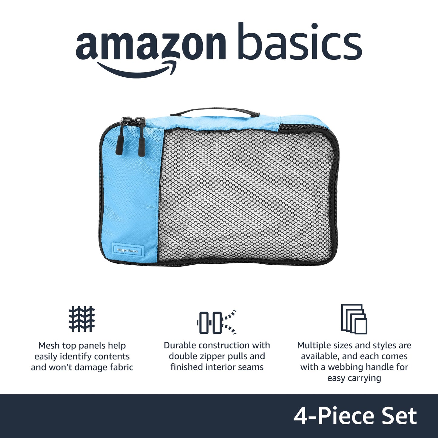 Amazon Basics Lightweight Packing Cubes for Travel, 4 Piece Set With Double Zipper Pulls and Mesh Top Panel, 100% Durable Polyester, Small, Medium, Large, and Slim, Gray