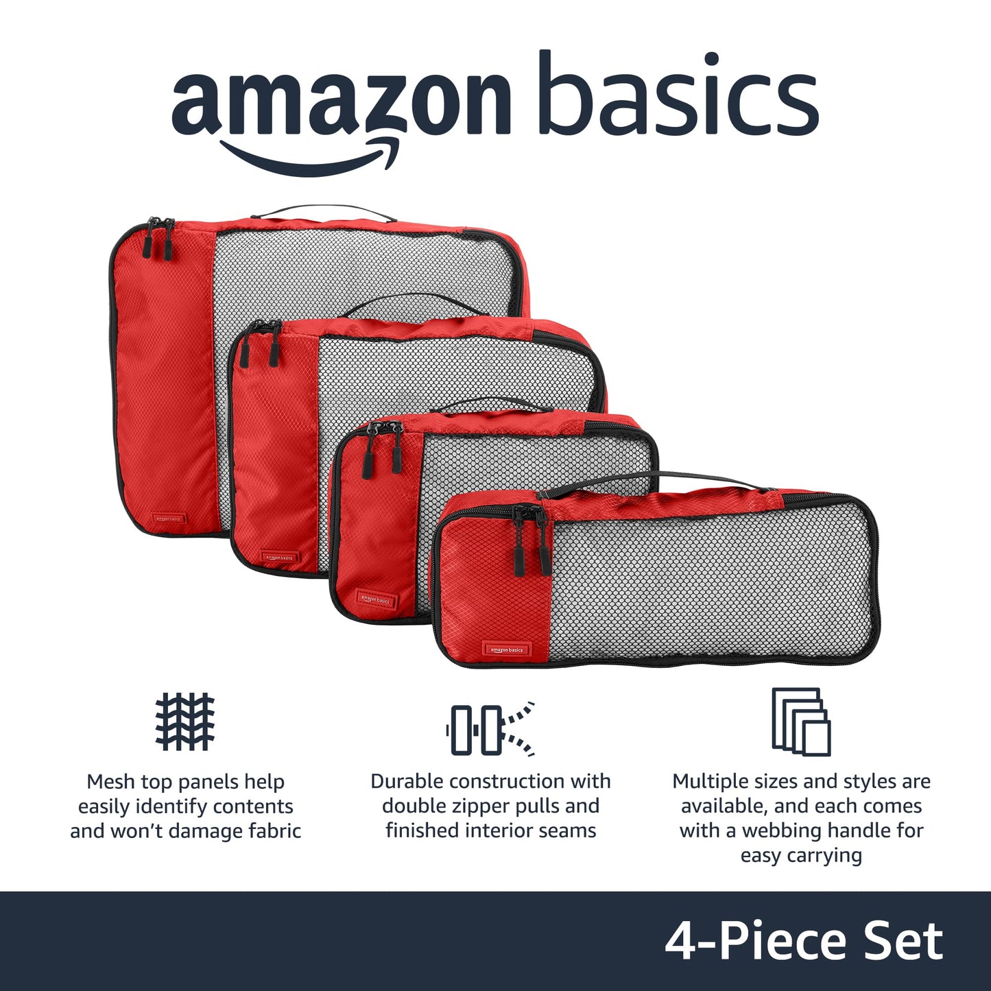 Amazon Basics Lightweight Packing Cubes for Travel, 4 Piece Set With Double Zipper Pulls and Mesh Top Panel, 100% Durable Polyester, Small, Medium, Large, and Slim, Gray