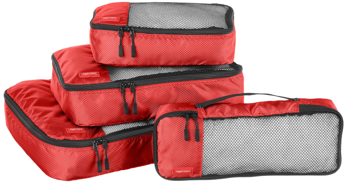 Amazon Basics Lightweight Packing Cubes for Travel, 4 Piece Set With Double Zipper Pulls and Mesh Top Panel, 100% Durable Polyester, Small, Medium, Large, and Slim, Gray