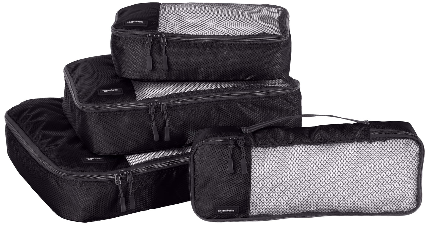 Amazon Basics Lightweight Packing Cubes for Travel, 4 Piece Set With Double Zipper Pulls and Mesh Top Panel, 100% Durable Polyester, Small, Medium, Large, and Slim, Gray