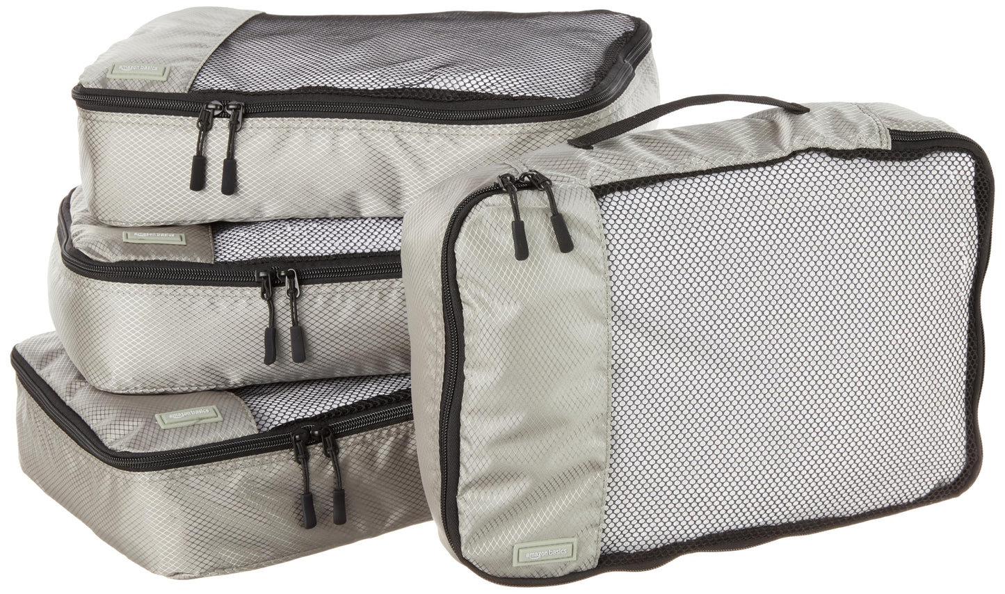 Amazon Basics Lightweight Packing Cubes for Travel, 4 Piece Set With Double Zipper Pulls and Mesh Top Panel, 100% Durable Polyester, Small, Medium, Large, and Slim, Gray