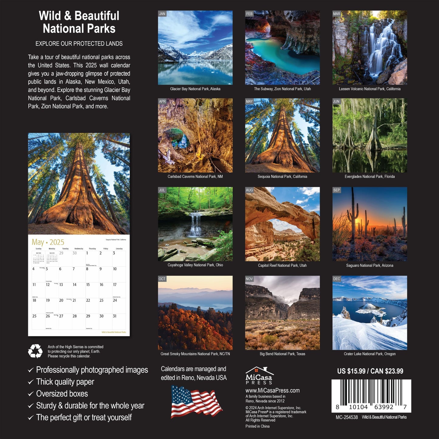 MICASA Wild & Beautiful National Parks 2025 Wall Calendar 12 Month | 12" x 24" Open | Thick & Sturdy Paper | Giftable | Calendar 2025