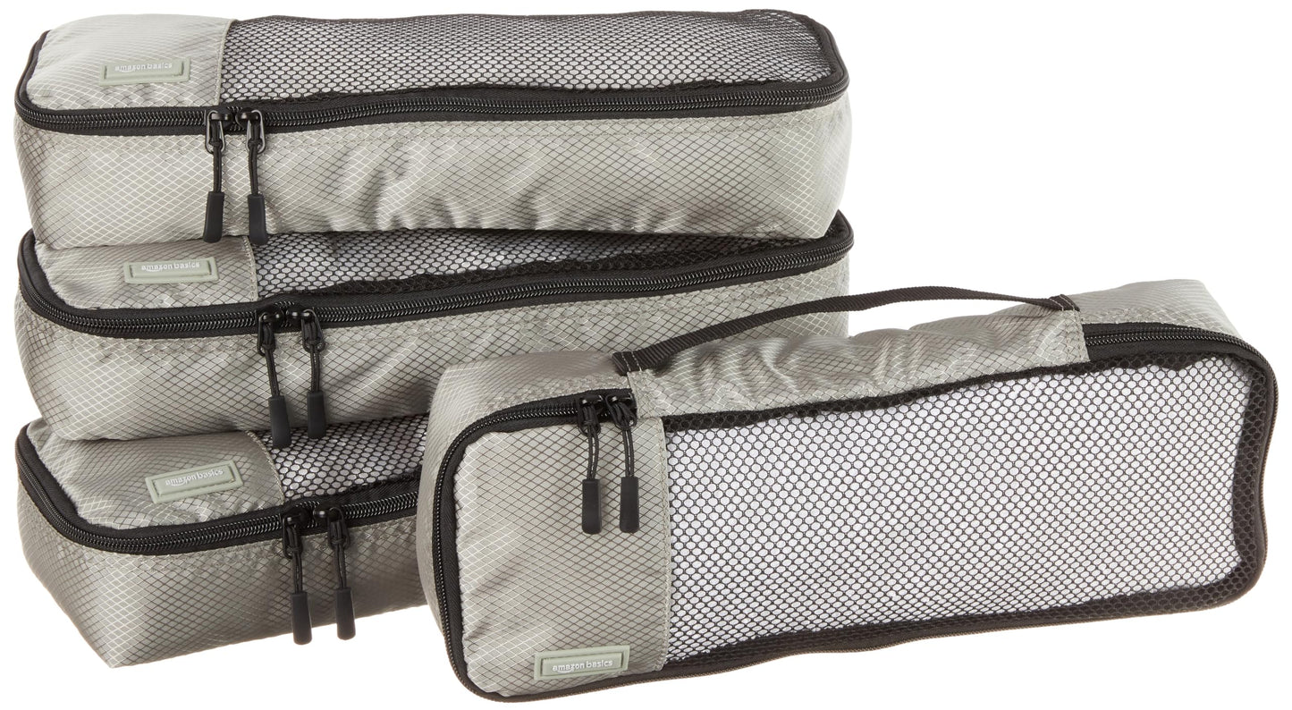 Amazon Basics Lightweight Packing Cubes for Travel, 4 Piece Set With Double Zipper Pulls and Mesh Top Panel, 100% Durable Polyester, Small, Medium, Large, and Slim, Gray