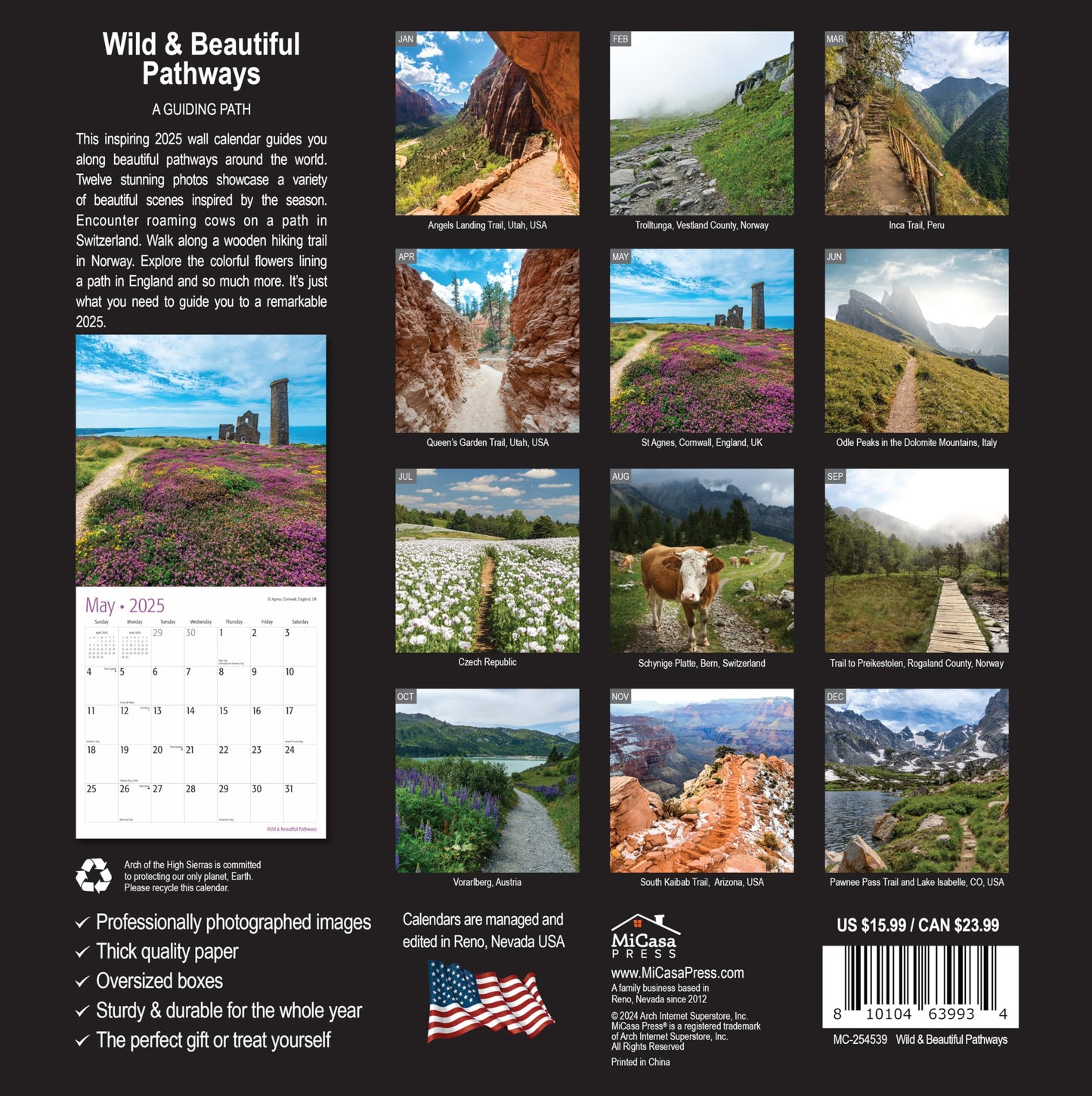 MICASA Wild & Beautiful National Parks 2025 Wall Calendar 12 Month | 12" x 24" Open | Thick & Sturdy Paper | Giftable | Calendar 2025