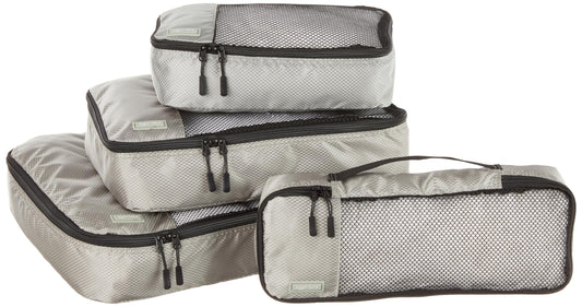 Amazon Basics Lightweight Packing Cubes for Travel, 4 Piece Set With Double Zipper Pulls and Mesh Top Panel, 100% Durable Polyester, Small, Medium, Large, and Slim, Gray