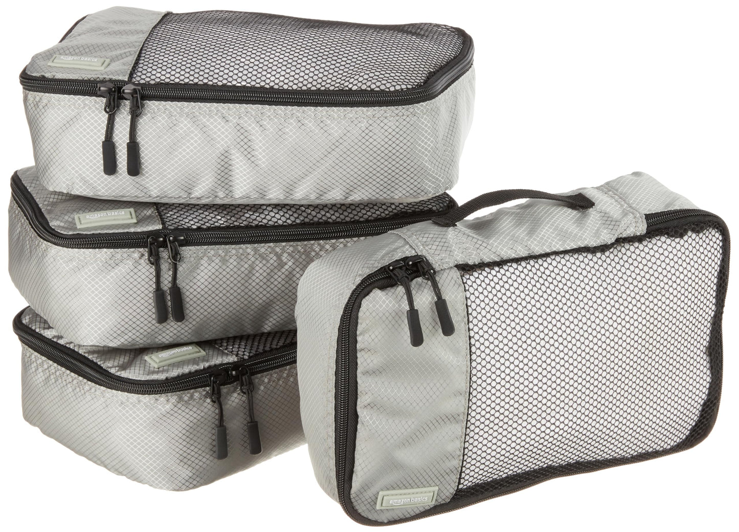 Amazon Basics Lightweight Packing Cubes for Travel, 4 Piece Set With Double Zipper Pulls and Mesh Top Panel, 100% Durable Polyester, Small, Medium, Large, and Slim, Gray