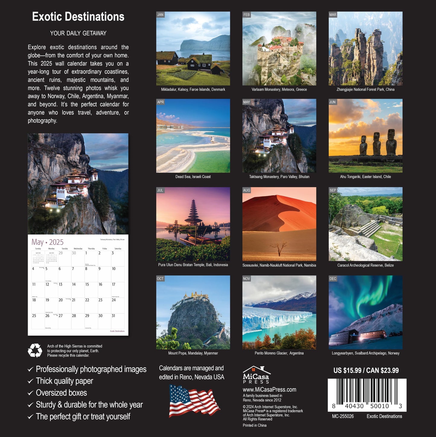 MICASA Wild & Beautiful National Parks 2025 Wall Calendar 12 Month | 12" x 24" Open | Thick & Sturdy Paper | Giftable | Calendar 2025