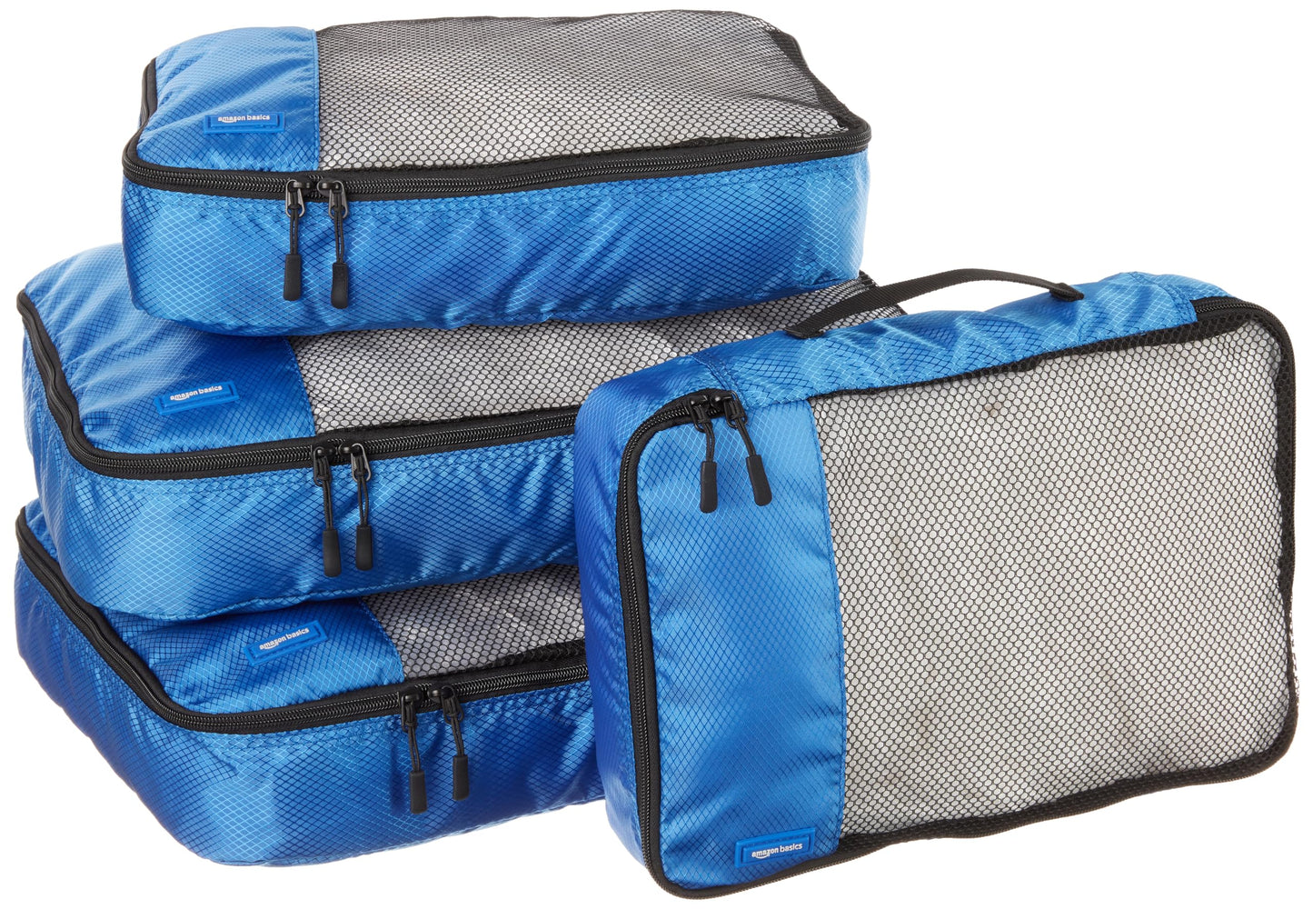 Amazon Basics Lightweight Packing Cubes for Travel, 4 Piece Set With Double Zipper Pulls and Mesh Top Panel, 100% Durable Polyester, Small, Medium, Large, and Slim, Gray