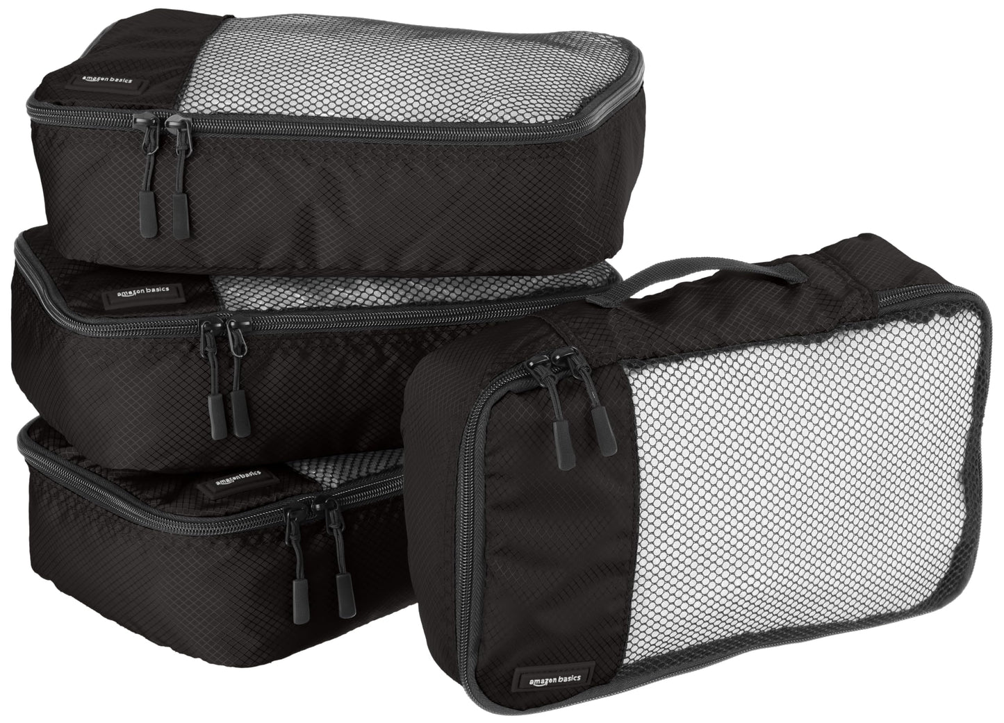 Amazon Basics Lightweight Packing Cubes for Travel, 4 Piece Set With Double Zipper Pulls and Mesh Top Panel, 100% Durable Polyester, Small, Medium, Large, and Slim, Gray