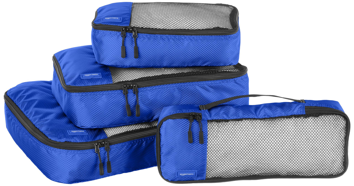 Amazon Basics Lightweight Packing Cubes for Travel, 4 Piece Set With Double Zipper Pulls and Mesh Top Panel, 100% Durable Polyester, Small, Medium, Large, and Slim, Gray