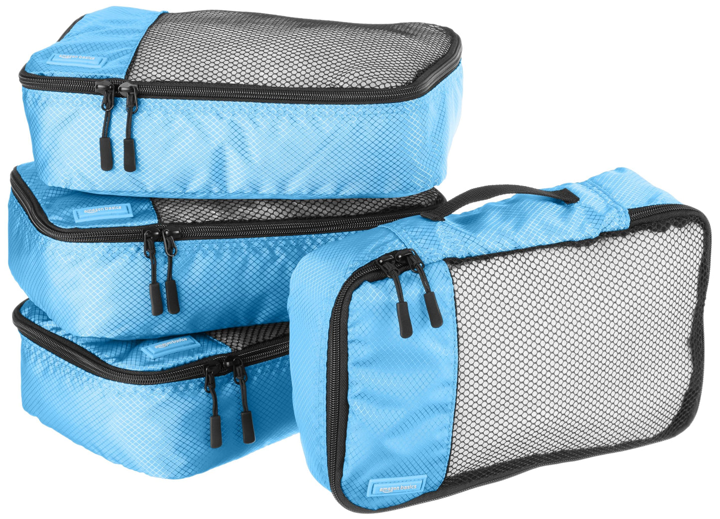 Amazon Basics Lightweight Packing Cubes for Travel, 4 Piece Set With Double Zipper Pulls and Mesh Top Panel, 100% Durable Polyester, Small, Medium, Large, and Slim, Gray