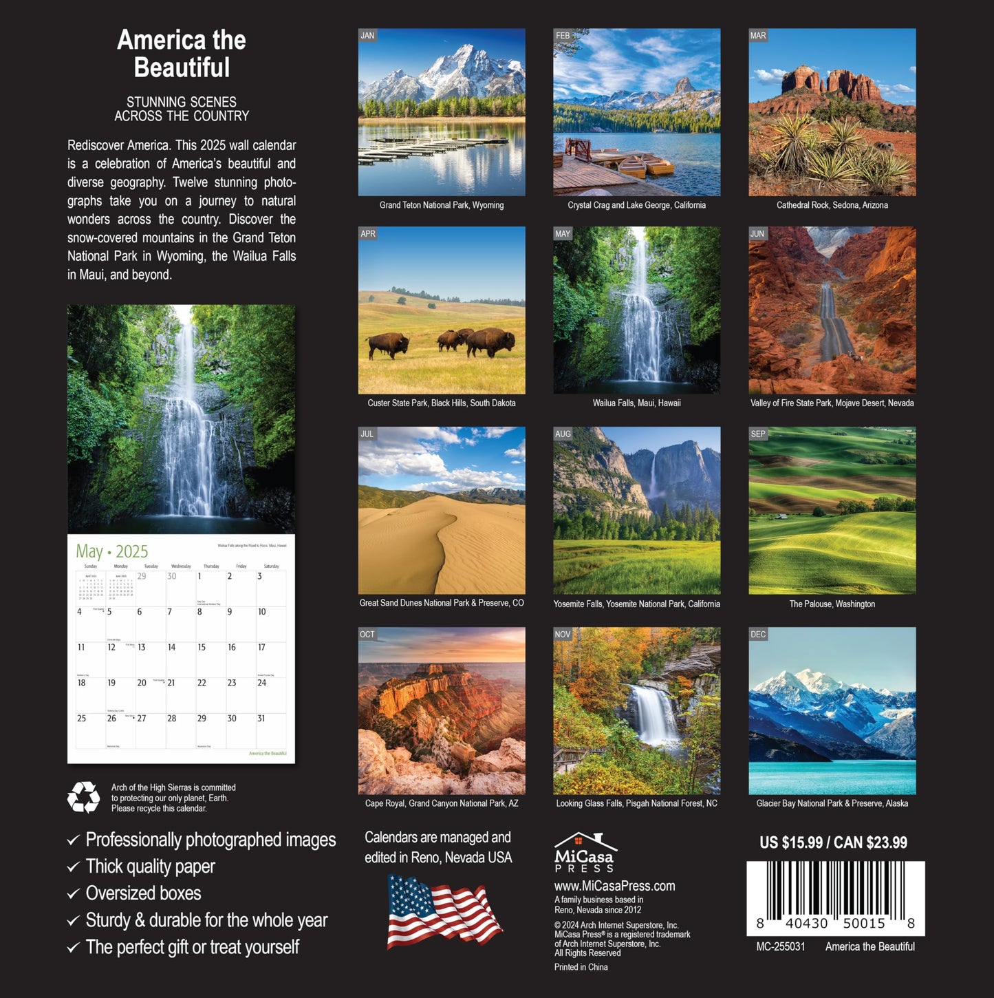 MICASA Wild & Beautiful National Parks 2025 Wall Calendar 12 Month | 12" x 24" Open | Thick & Sturdy Paper | Giftable | Calendar 2025