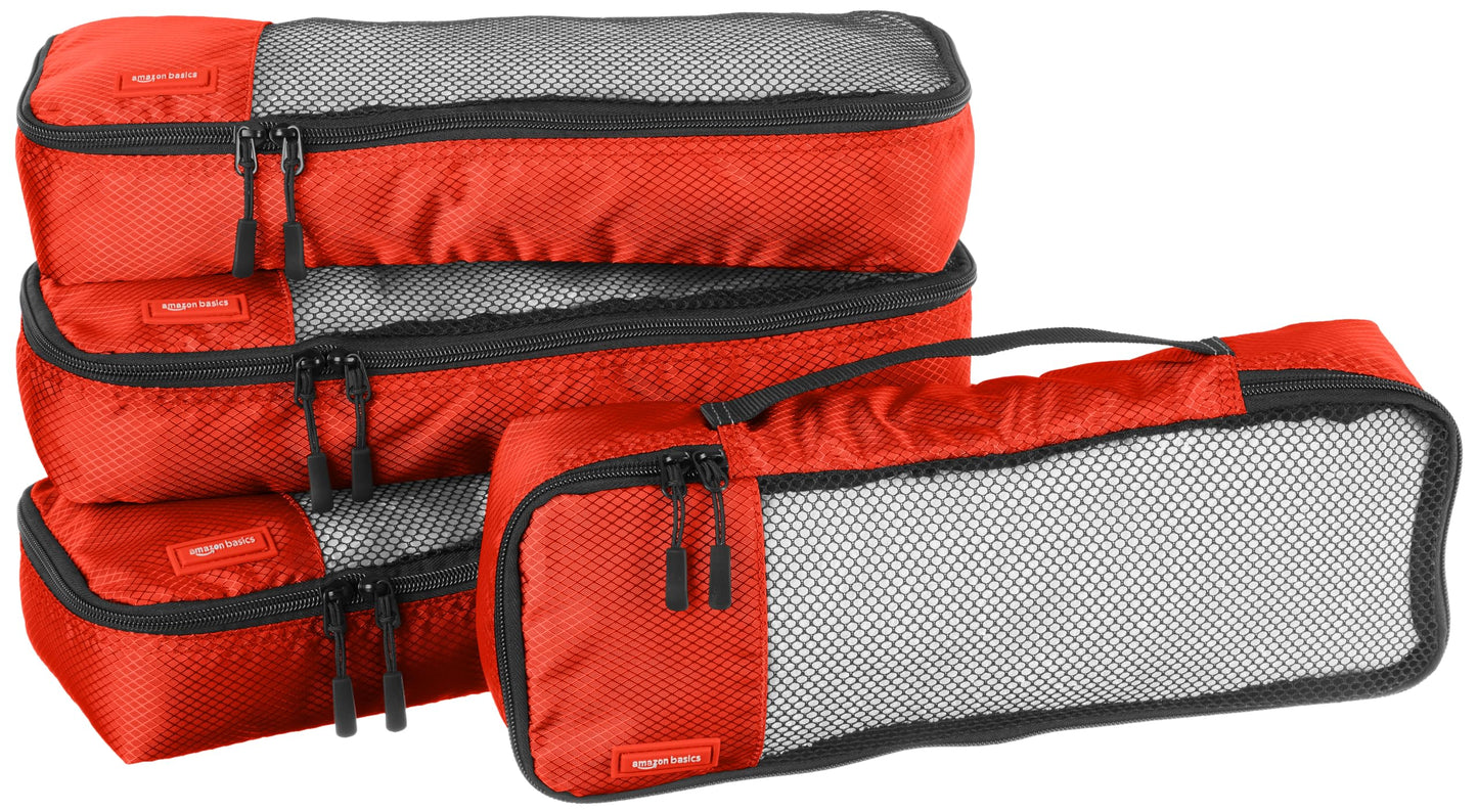 Amazon Basics Lightweight Packing Cubes for Travel, 4 Piece Set With Double Zipper Pulls and Mesh Top Panel, 100% Durable Polyester, Small, Medium, Large, and Slim, Gray