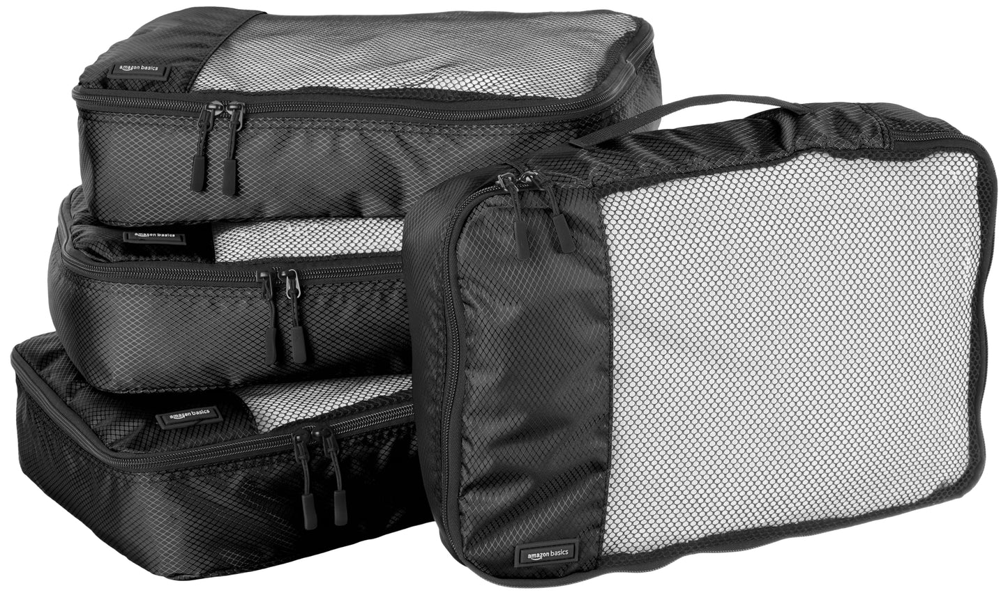 Amazon Basics Lightweight Packing Cubes for Travel, 4 Piece Set With Double Zipper Pulls and Mesh Top Panel, 100% Durable Polyester, Small, Medium, Large, and Slim, Gray