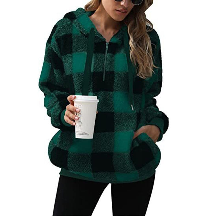 Fashion Plaid Hooded Sweatshirt With Pockets  with Casual Zipper