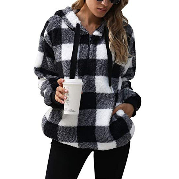 Fashion Plaid Hooded Sweatshirt With Pockets  with Casual Zipper