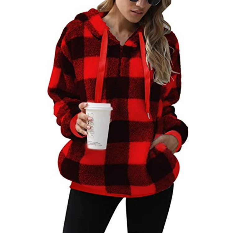 Fashion Plaid Hooded Sweatshirt With Pockets  with Casual Zipper